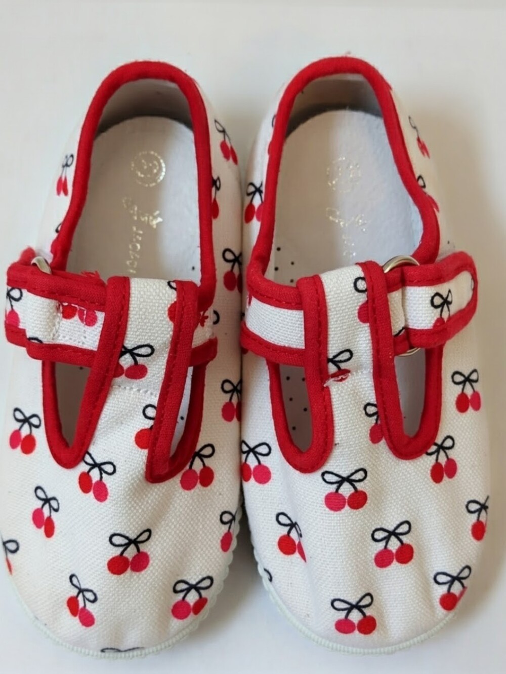 Jacadi White Canvas Kids Mary Jane Sneakers w/ Red Cherry Print 22 EU / 6 US